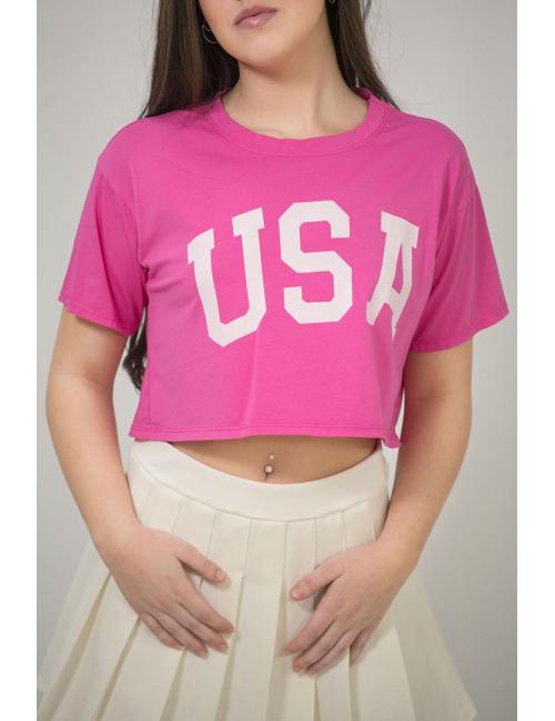 Camiseta cropped USA fucsia