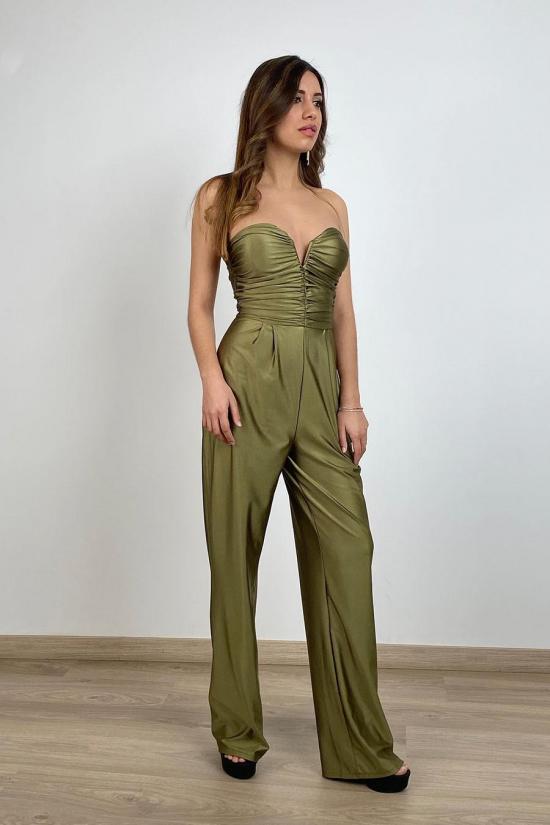 Green strapless satin jumpsuit