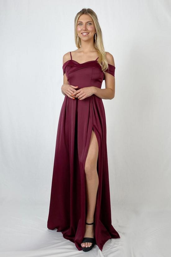 Maroon satin bardot dress