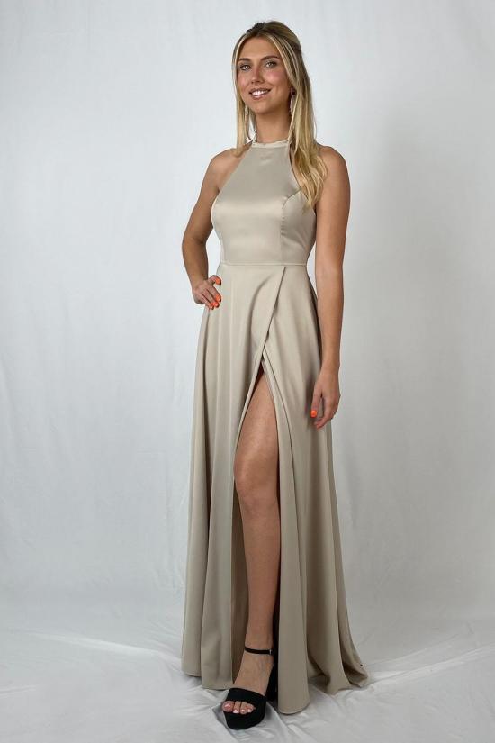 Long satin dress with beige...