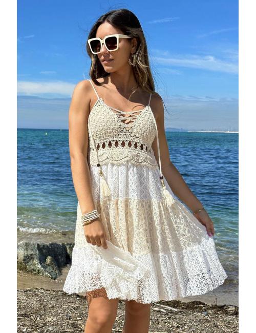 Short White Beige Crochet Dress
