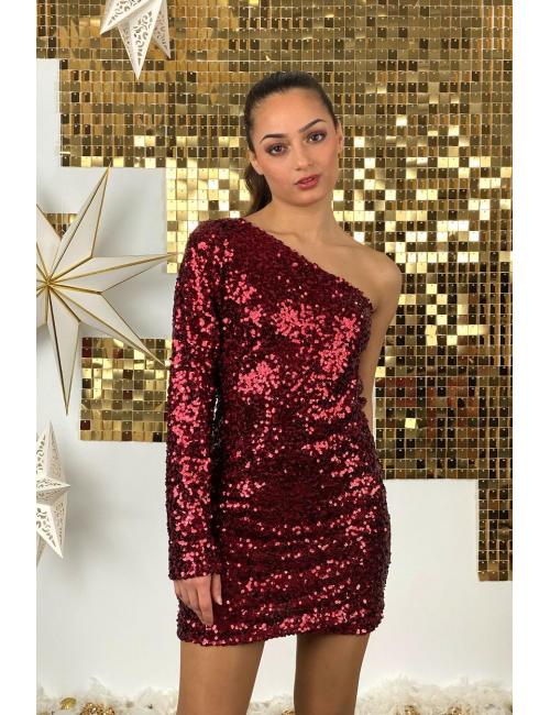 Asymmetrical Straps One-shoulder Red Sequin Cut-out Dress