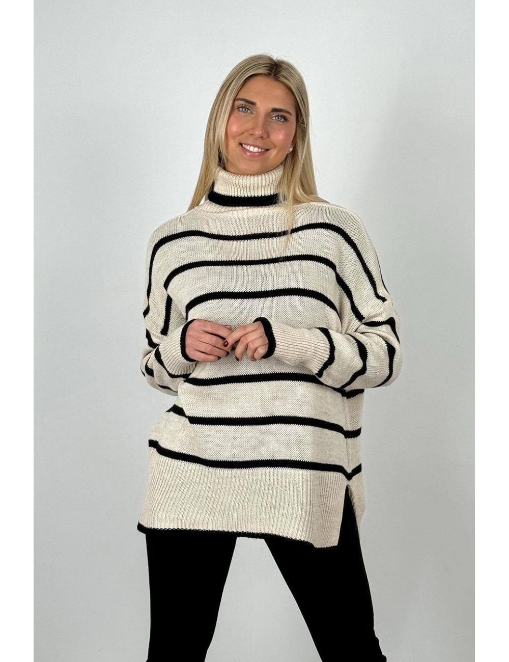 Jersey rayas cuello vuelto oversize beige-negro