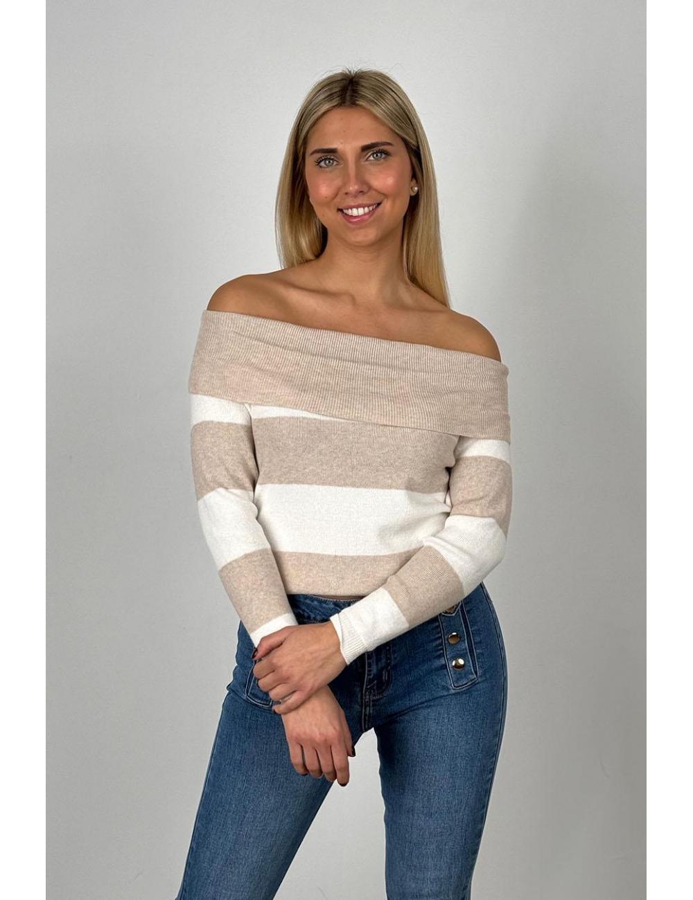 Bardot neck beige white striped jumper