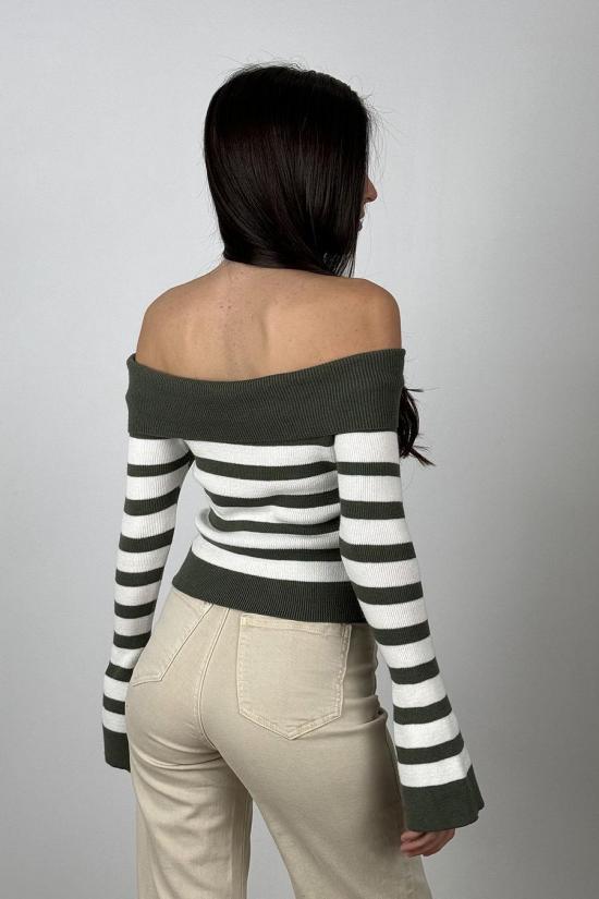 Kaki-white striped bardot...