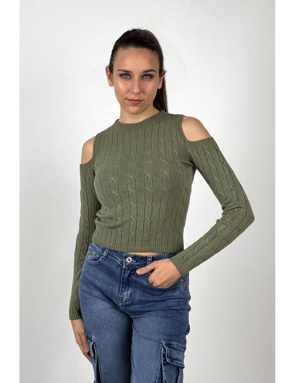 Khaki off shoulder braided jumper