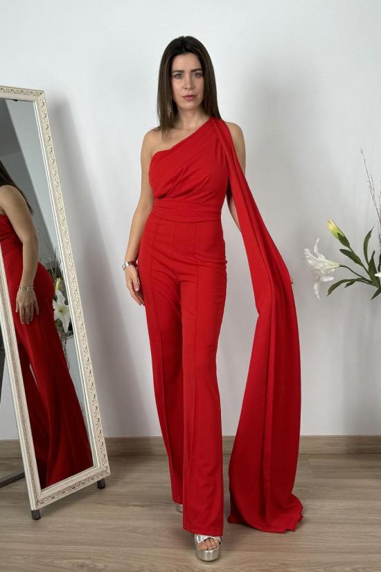 Red jumpsuit with cape