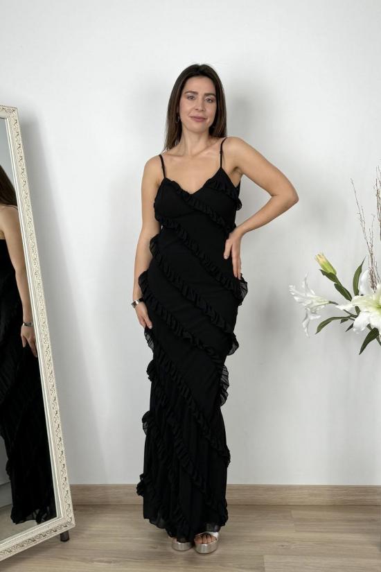 Long black dress with ruffles