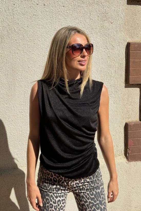 Black sleeveless draped top