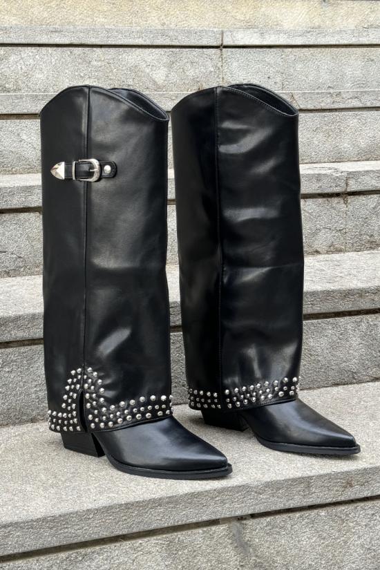 Black leather boot with studs