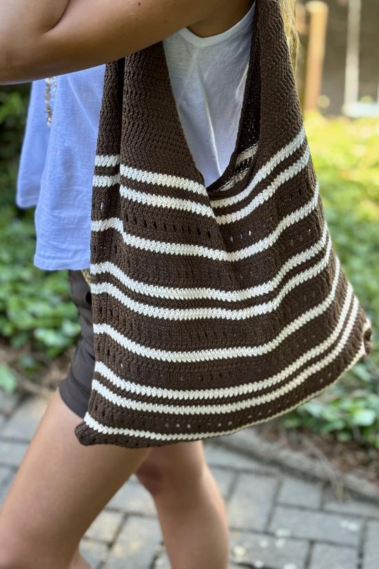 Crochet bag with brown and ecru stripes
