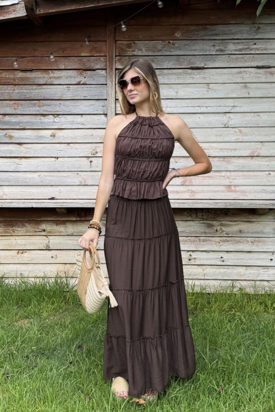 Falda larga costuras marr&oacute;n chocolate