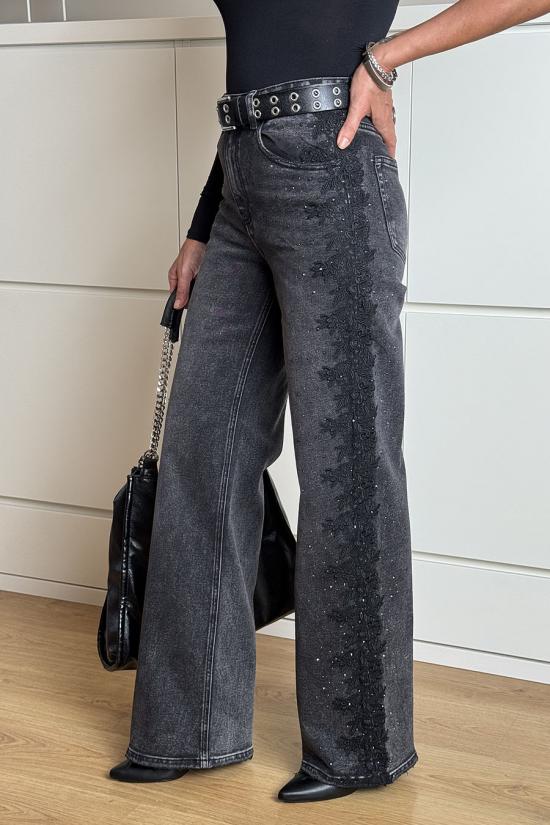 Jeans wide leg bordado negro