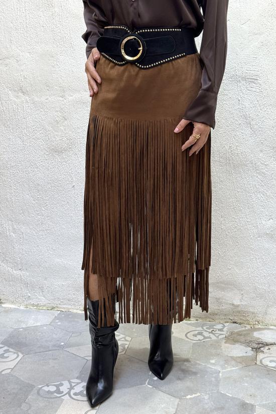 Falda flecos antelina c&aacute;mel